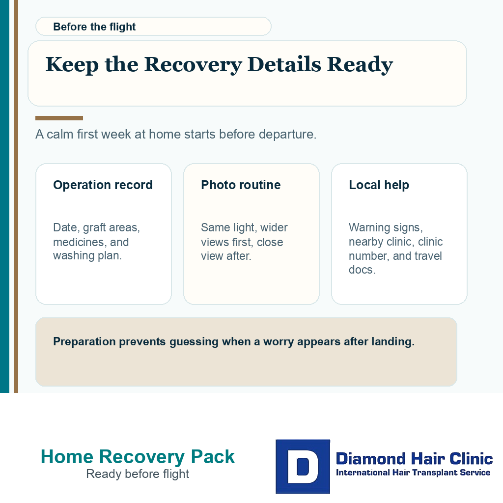 Support visual showing the recovery details patients should keep ready before flying home after a hair transplant.