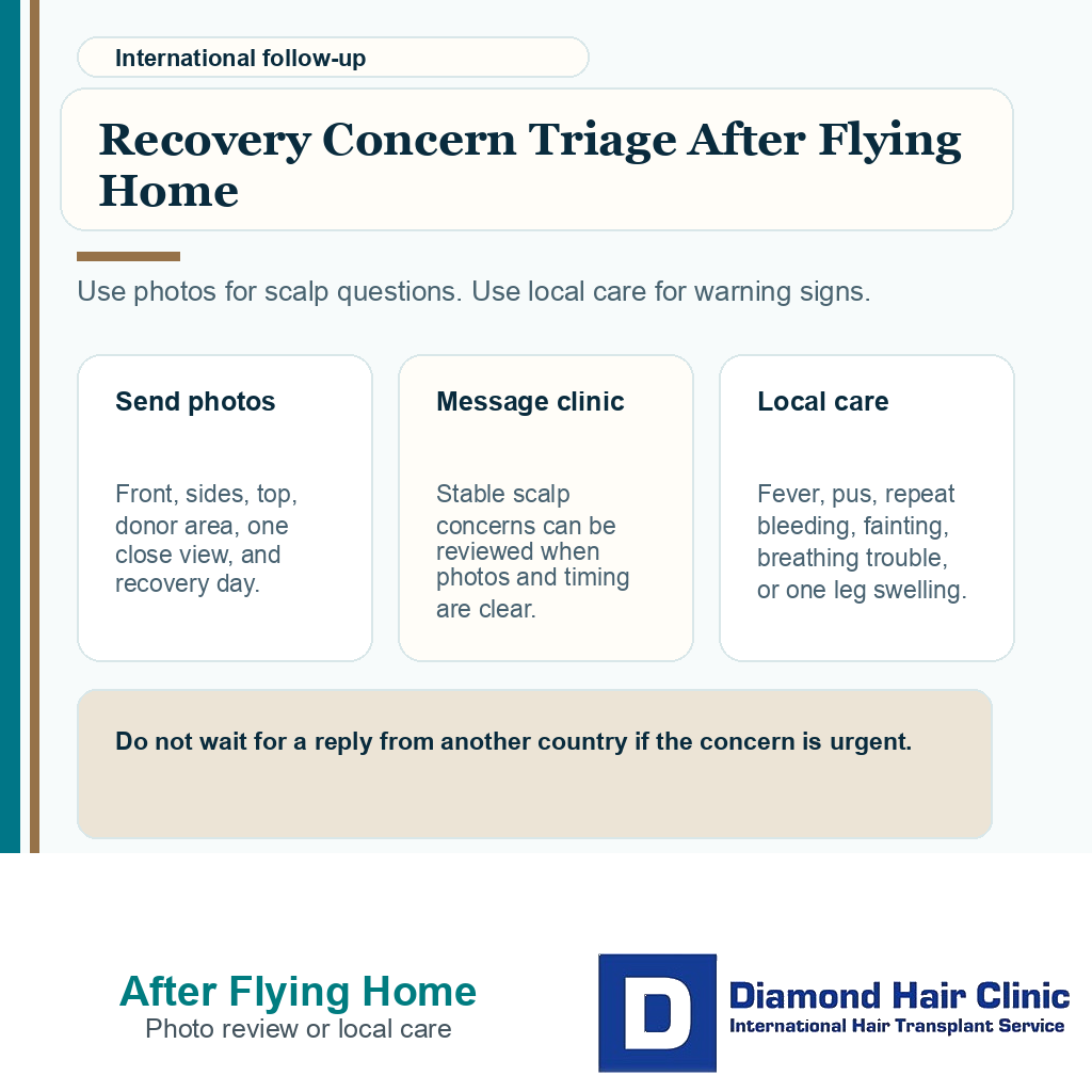 Support visual showing how to choose between sending photos, messaging the clinic, and urgent local medical help after flying home from a hair transplant.