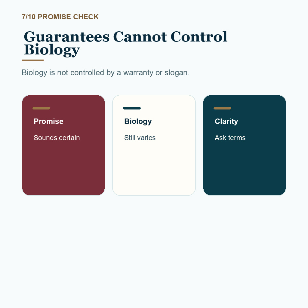 Slide 7 of 10 explaining why guarantees cannot control biology after hair transplant surgery