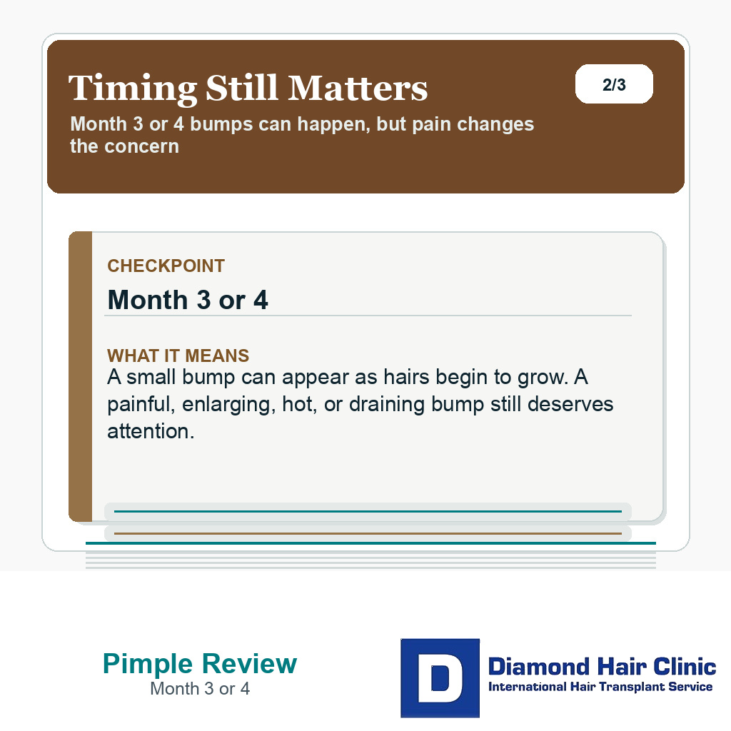 Pimples after hair transplant slide explaining why timing and symptoms both matter