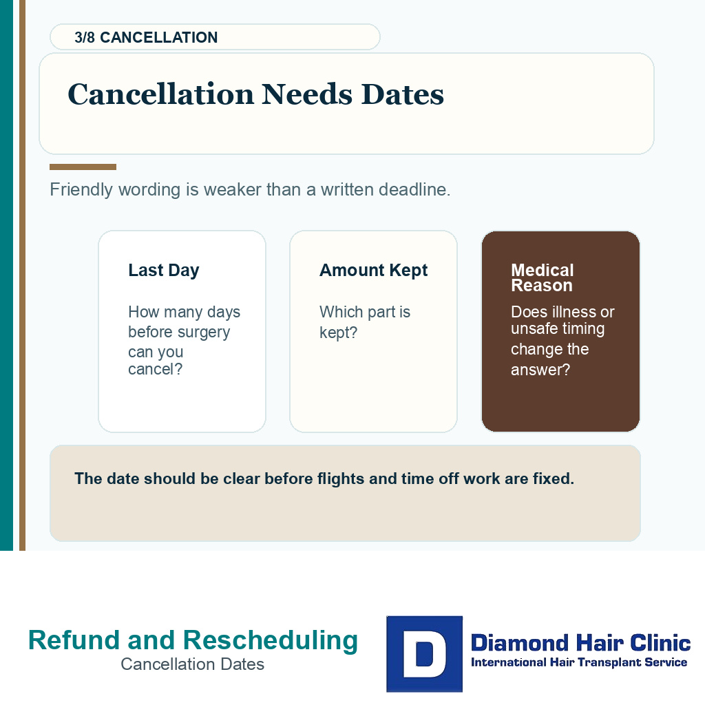 Cancellation terms with clear dates before hair transplant travel
