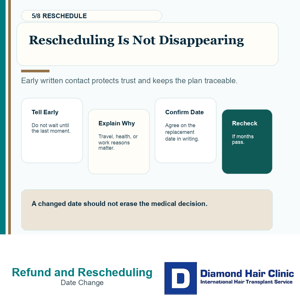 Rescheduling a hair transplant date while keeping medical review visible