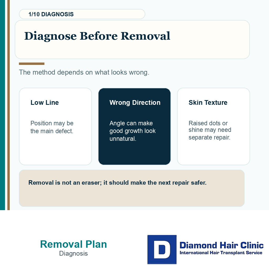 Removing transplanted hair carousel slide 1 explaining diagnose before removal