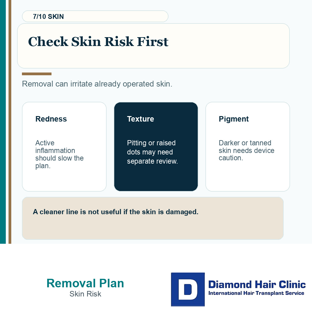 Removing transplanted hair carousel slide 7 explaining check skin risk first