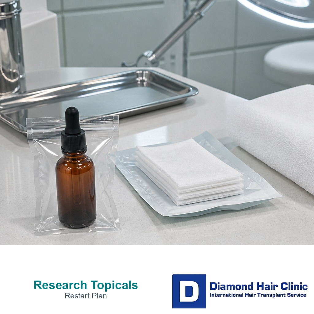 Unbranded topical bottle set aside beside FUE recovery gauze and towel for a restart plan