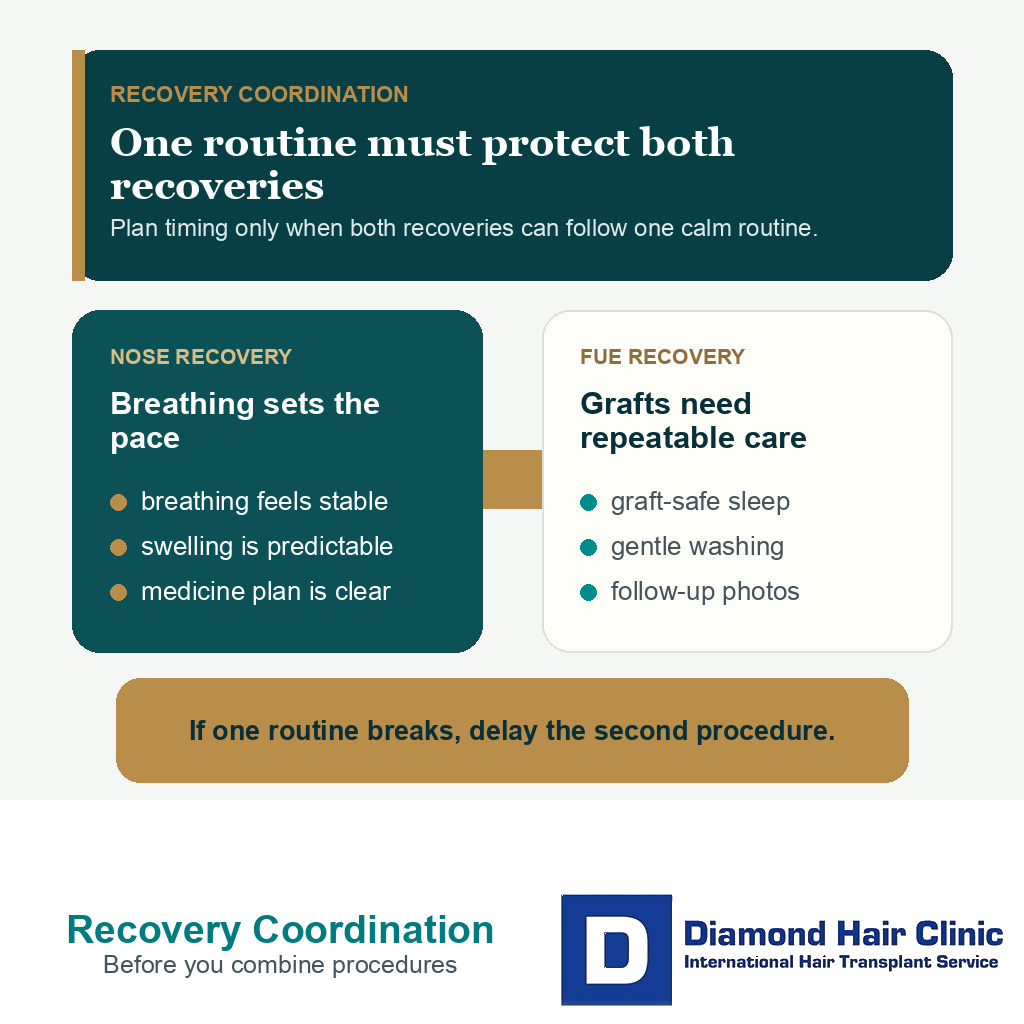 Information card showing recovery conflicts to check before rhinoplasty and hair transplant timing