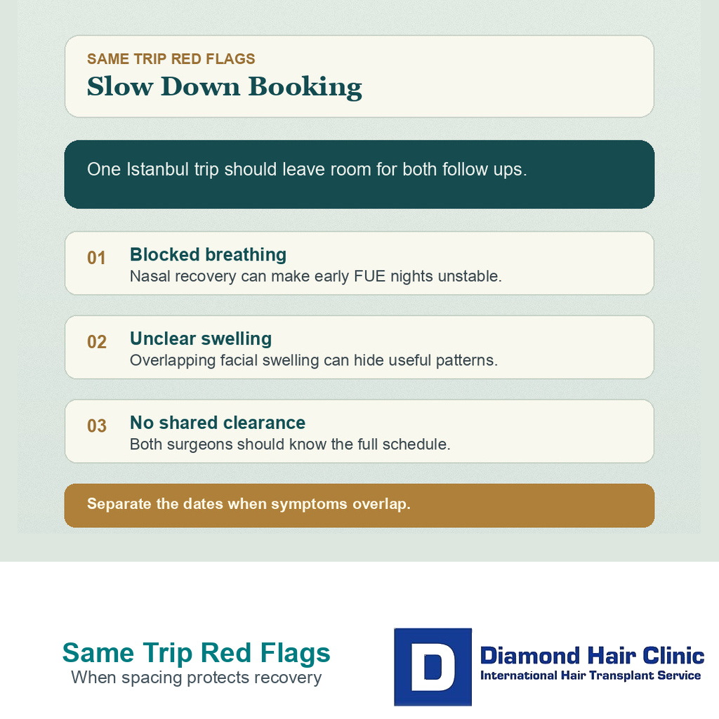 Information card showing same trip red flags before rhinoplasty and hair transplant timing
