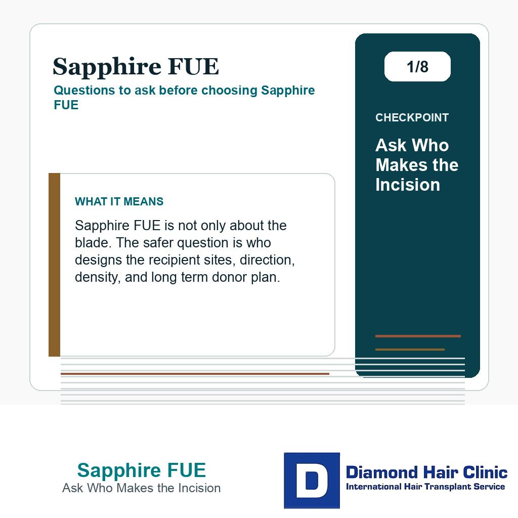 Sapphire FUE carousel slide about ask who makes the incision