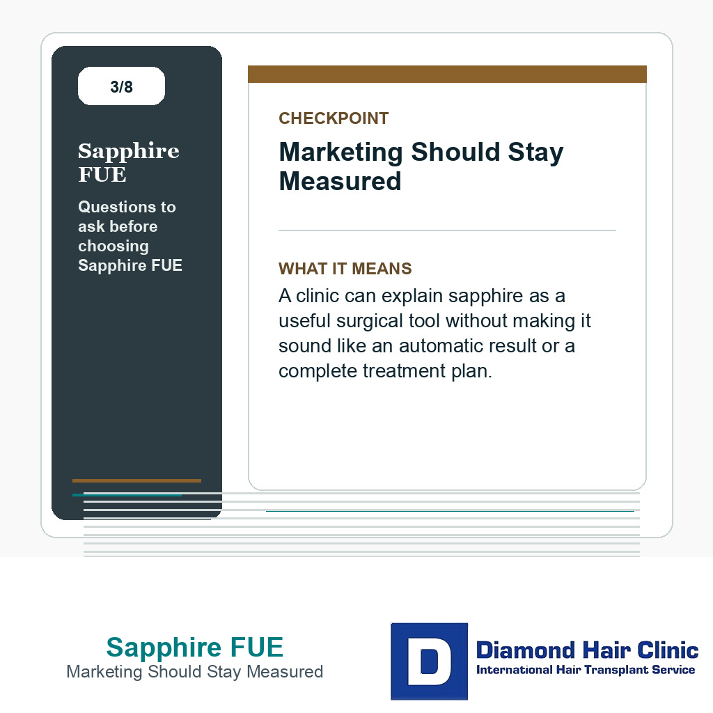 Sapphire FUE carousel slide about marketing should stay measured