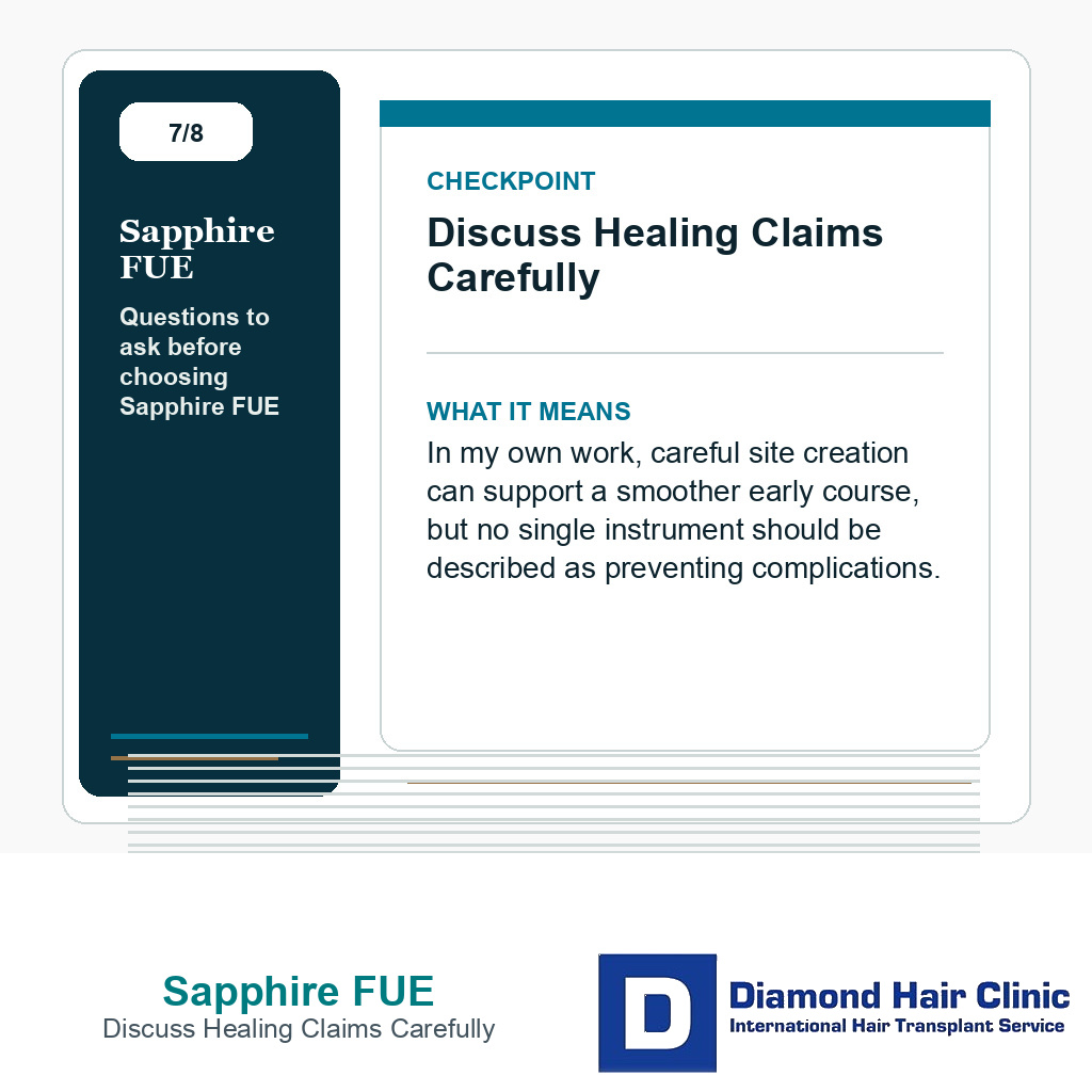 Sapphire FUE carousel slide about discuss healing claims carefully