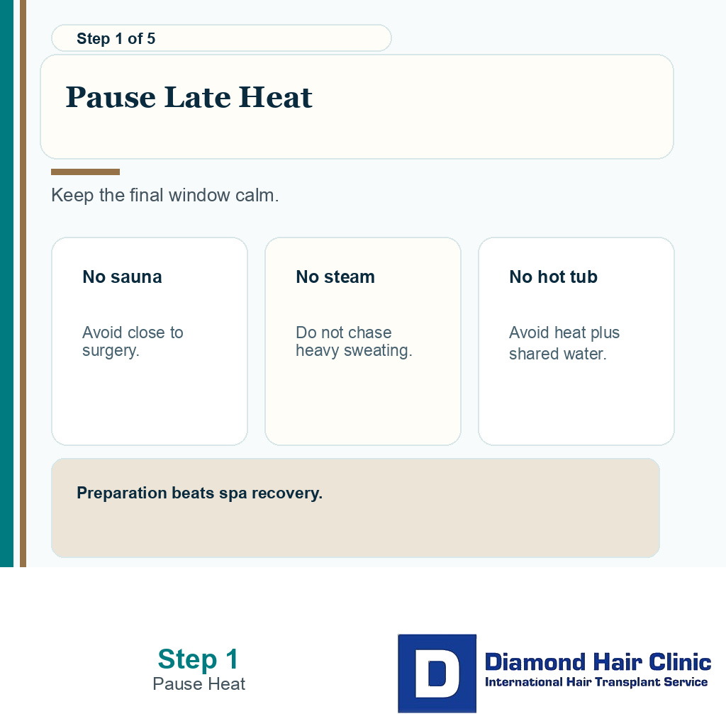 Carousel slide advising patients to pause sauna before hair transplant when surgery is close