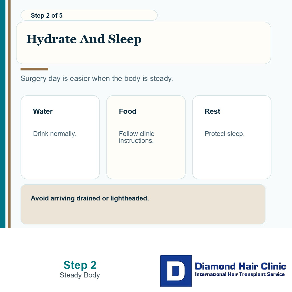Carousel slide showing hydration and sleep planning before FUE after heat exposure