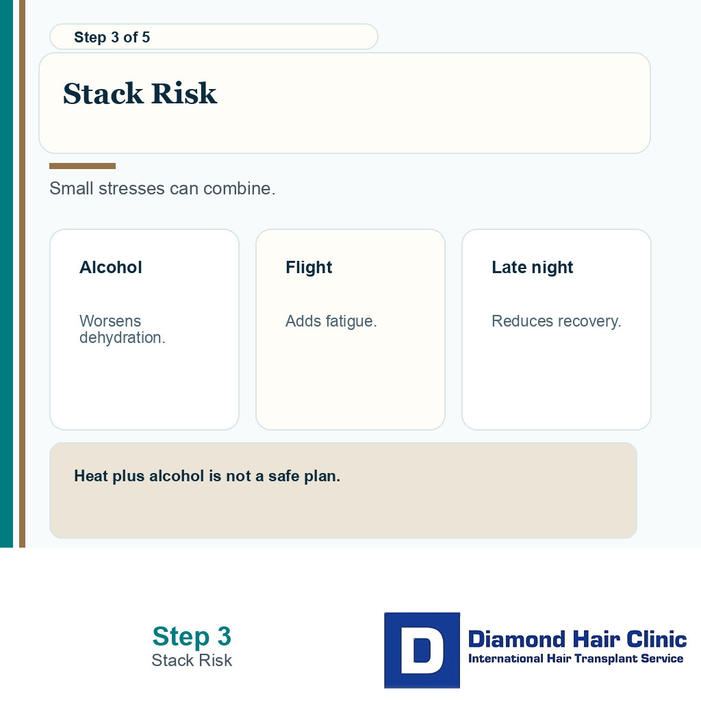 Carousel slide warning about alcohol sauna and travel fatigue before hair transplant