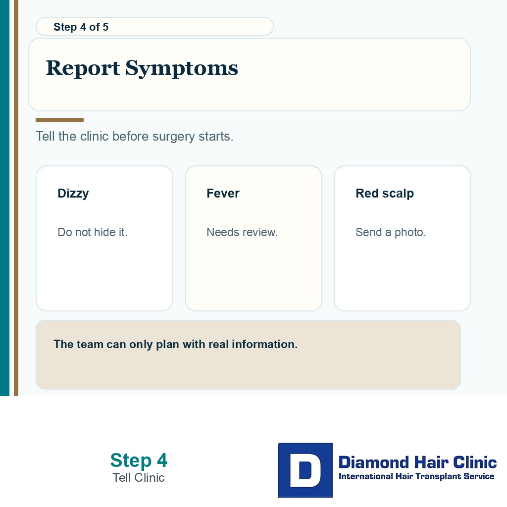 Carousel slide showing scalp redness or irritation should be reported before FUE
