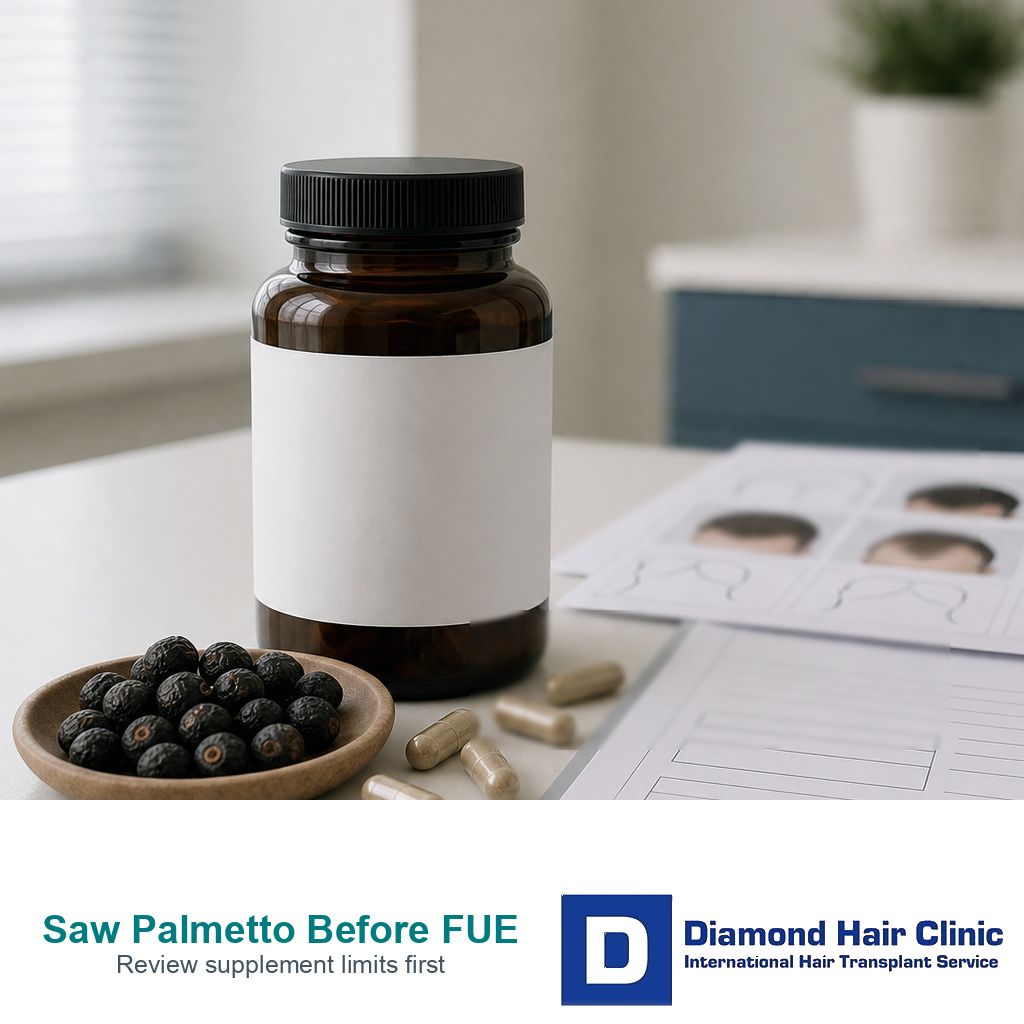 Saw palmetto supplement bottle, berries, capsules, disclosure form, and hairline planning sheet before FUE review.