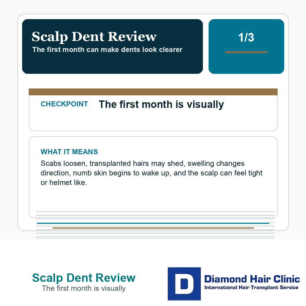 Scalp Dent Review carousel slide about the first month is visually