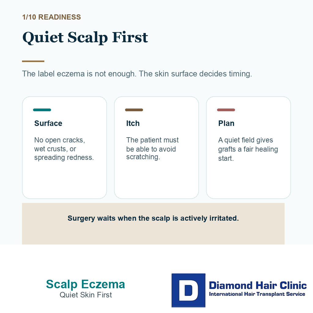 Scalp eczema hair transplant carousel slide 1 showing quiet scalp first