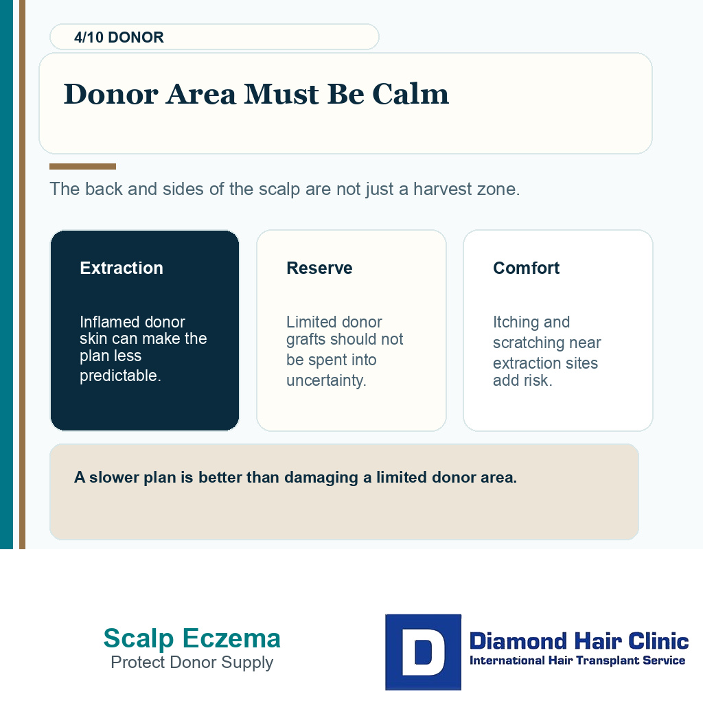 Scalp eczema hair transplant carousel slide 4 showing donor area must be calm