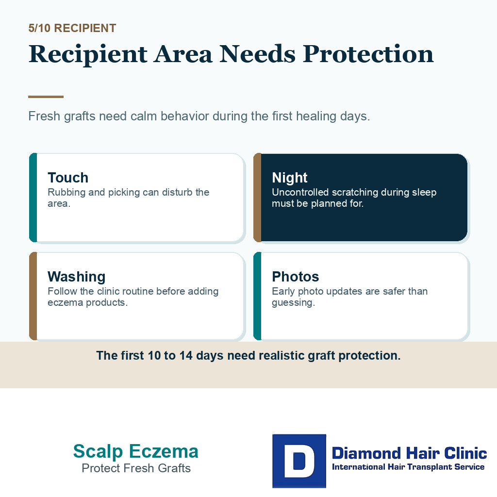 Scalp eczema hair transplant carousel slide 5 showing recipient area needs protection