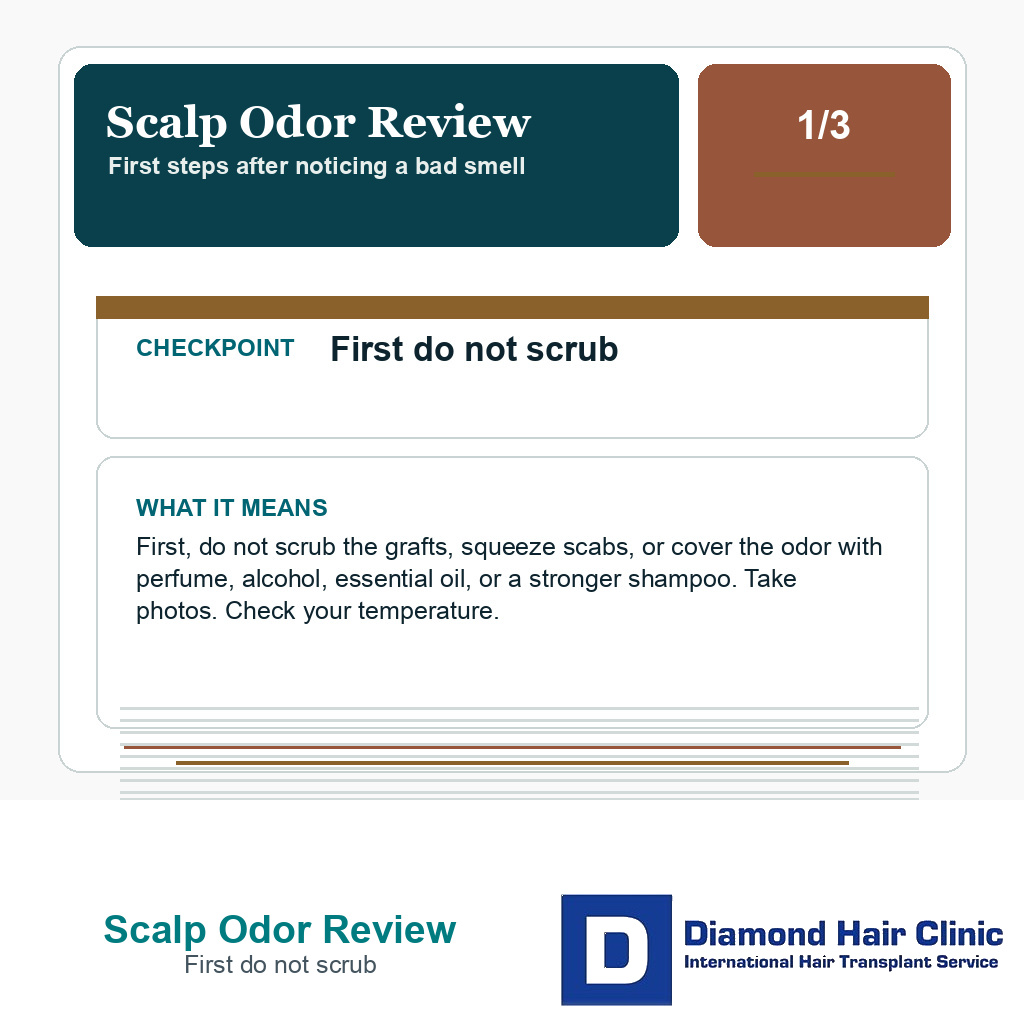 Scalp Odor Review carousel slide about first do not scrub