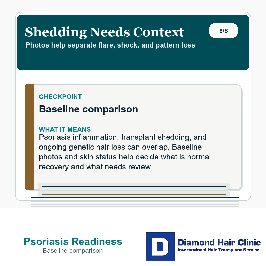 Scalp psoriasis carousel slide explaining why shedding needs baseline photos and skin context