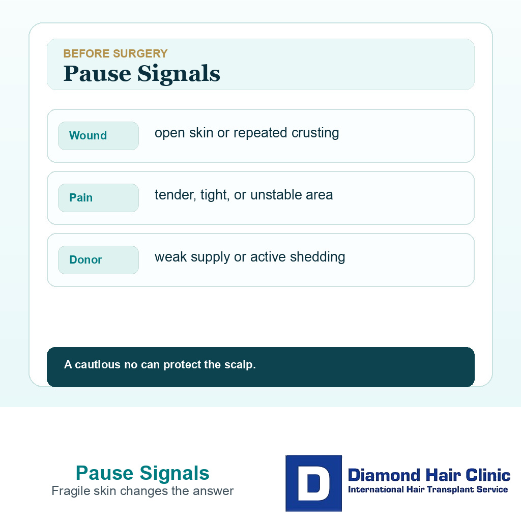 Information card showing warning signs that make scalp radiation hair transplant planning unsafe