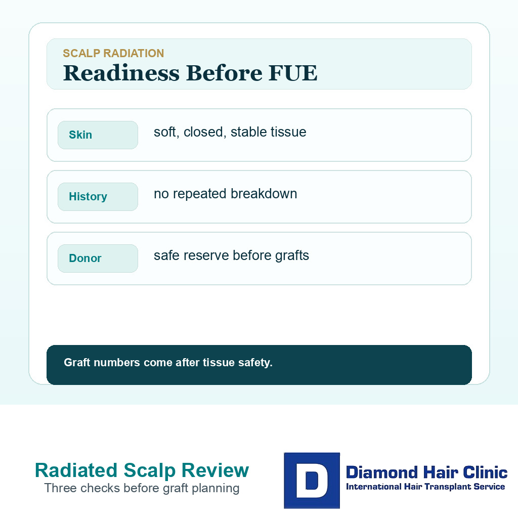 Information card showing the scalp checks needed before FUE after radiation