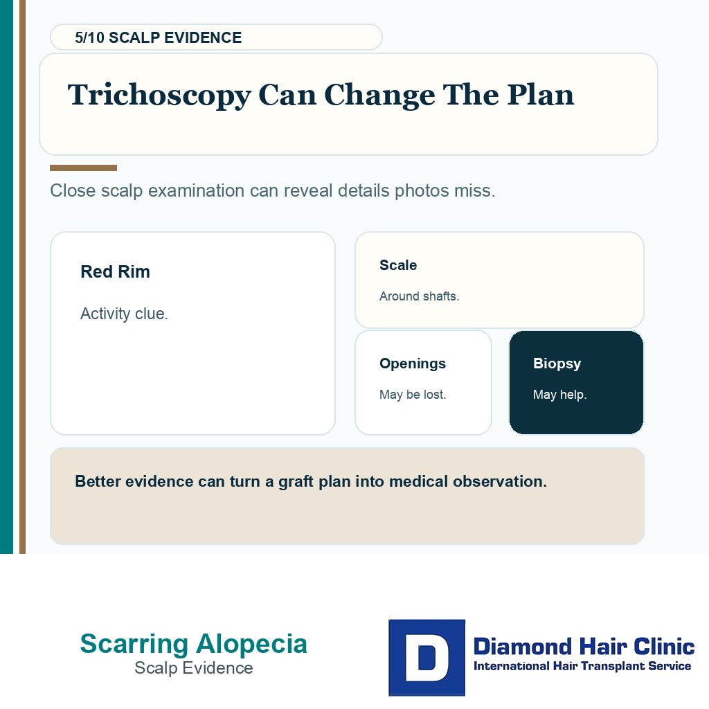 Scarring alopecia candidacy carousel slide 5 explaining trichoscopy can change the plan