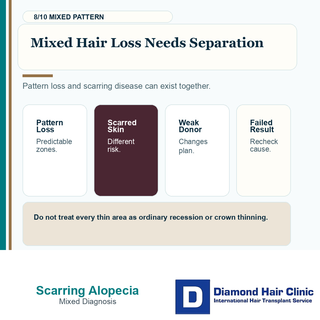 Scarring alopecia candidacy carousel slide 8 explaining mixed hair loss needs separation