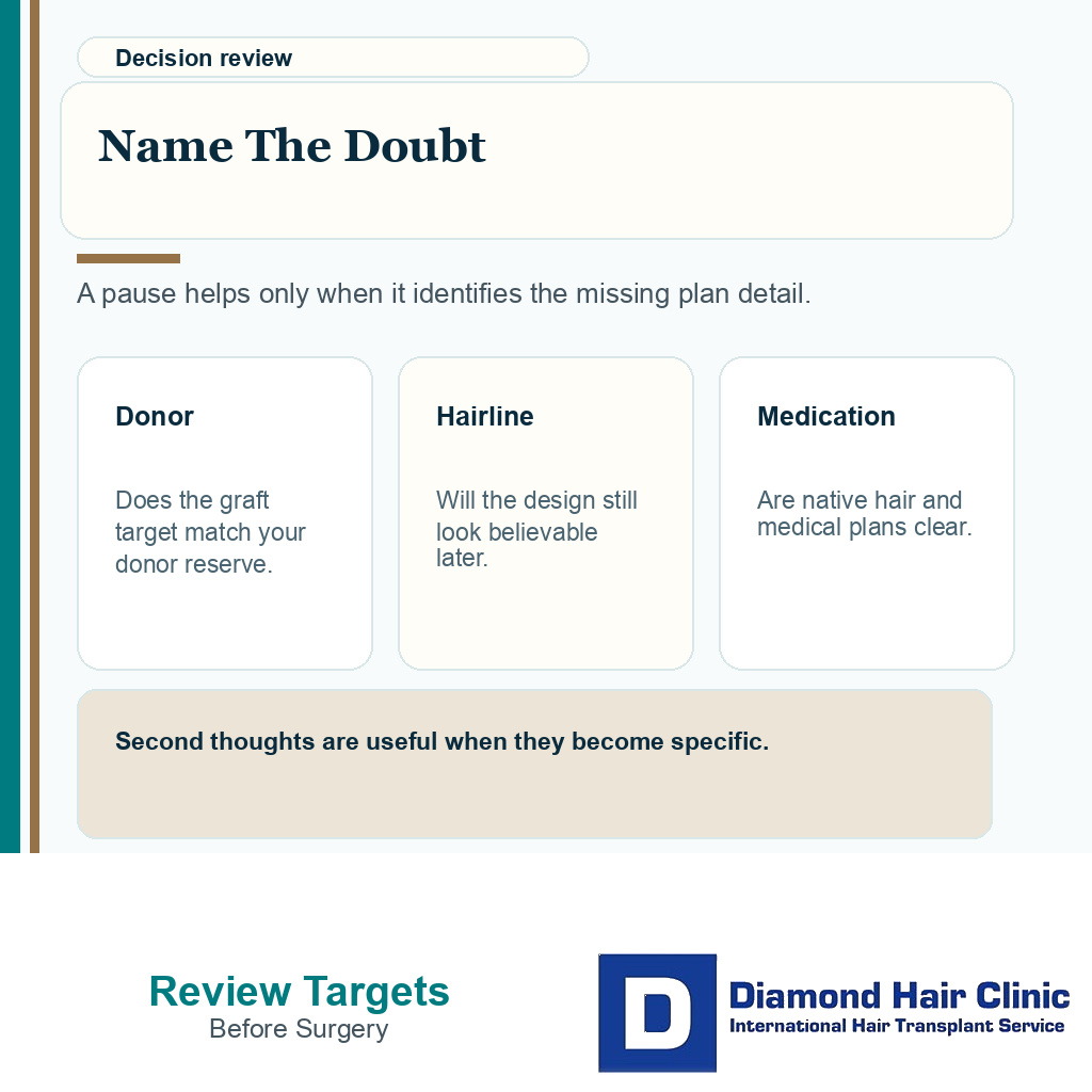 Decision card showing donor, medication, hairline, and pressure review before hair transplant surgery