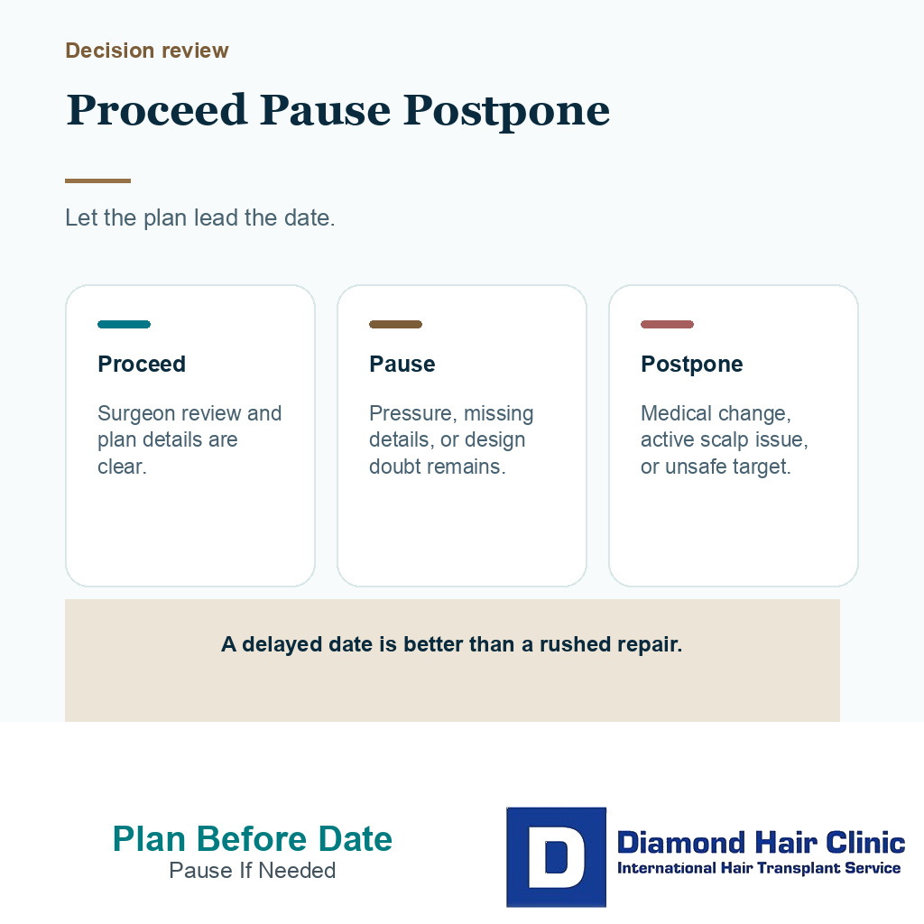 Decision card showing proceed, pause, or postpone review before hair transplant surgery