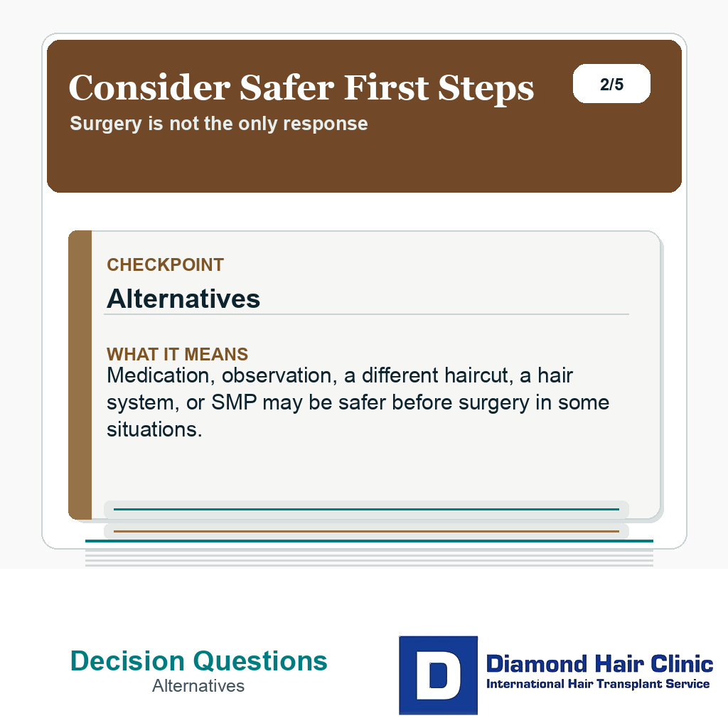 Shaved head regret slide explaining safer first steps before hair transplant surgery