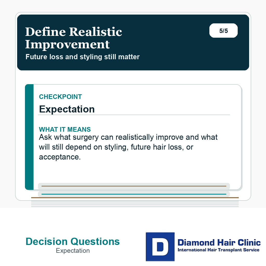 Shaved head regret slide explaining realistic improvement before booking a hair transplant