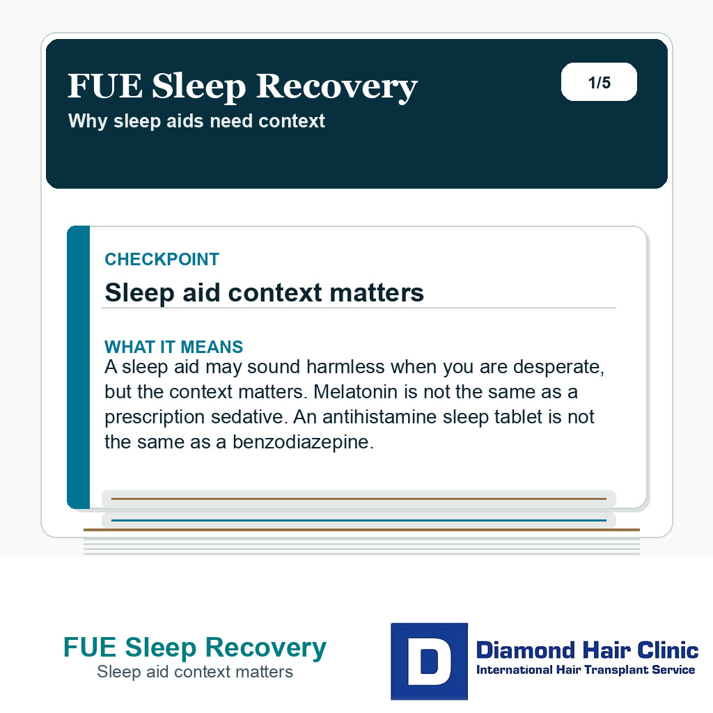 FUE Sleep Recovery carousel slide about sleep aid context matters