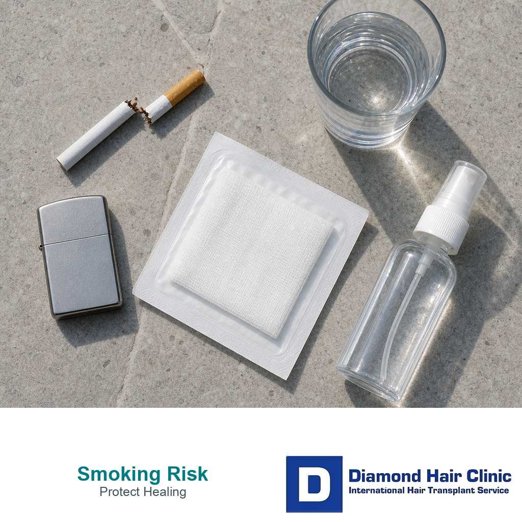 Snapped cigarette water gauze and recovery objects for stopping smoking before hair transplant healing