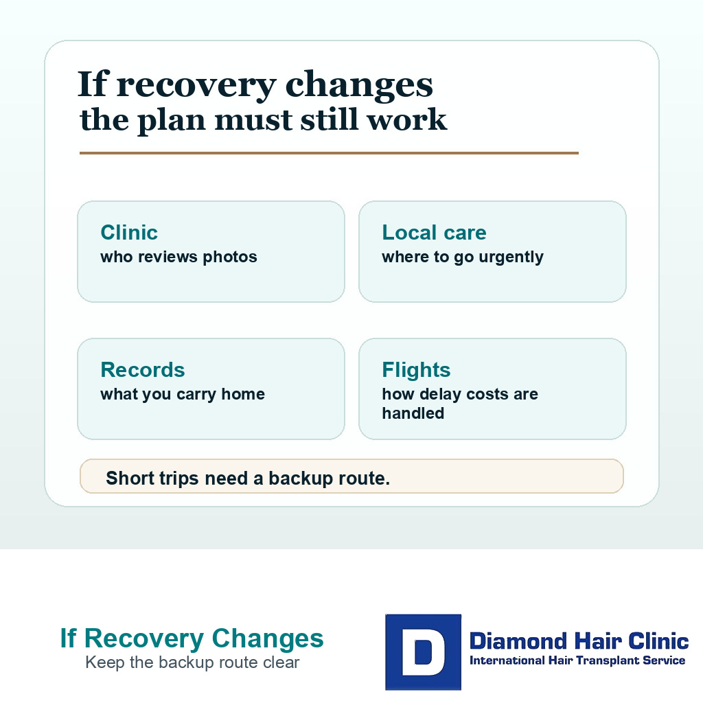 Information card showing clinic review, local medical review, records, and flight changes as a backup plan after hair transplant abroad