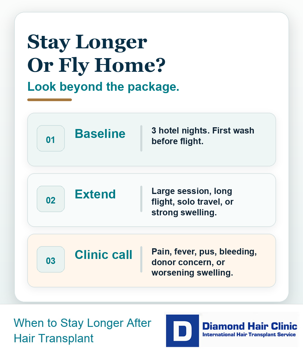 Decision card showing when staying longer in Turkey after a hair transplant can help