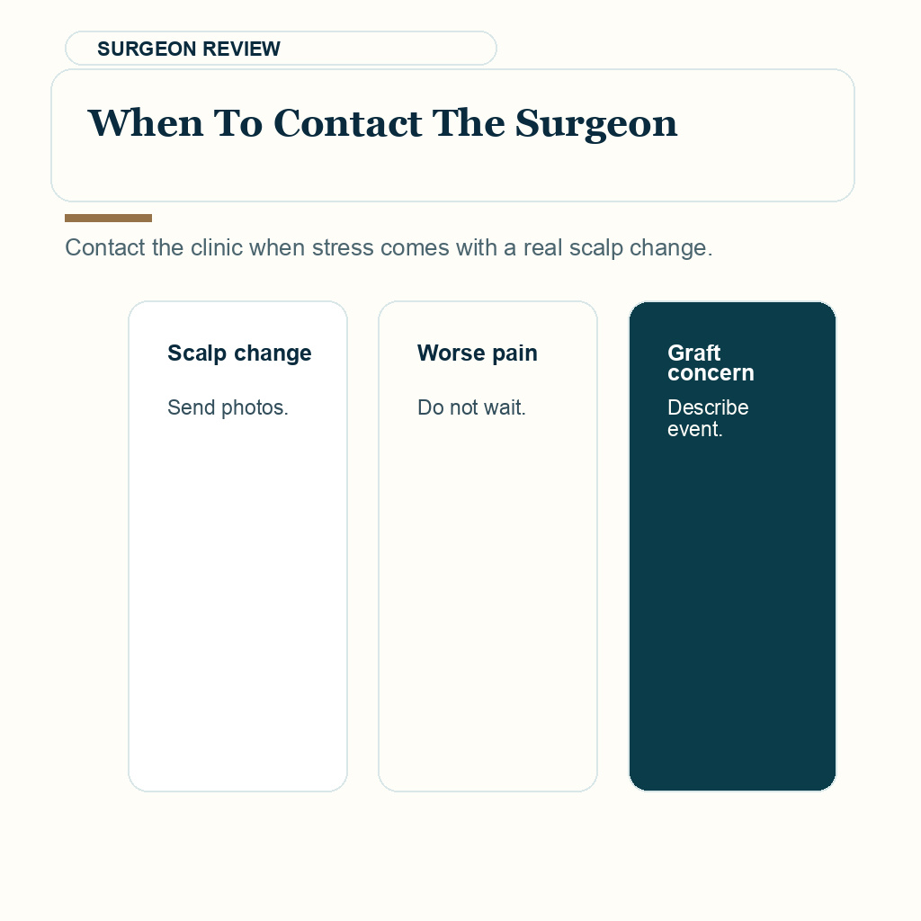 Stress after hair transplant slide 9 explaining when to contact the surgeon
