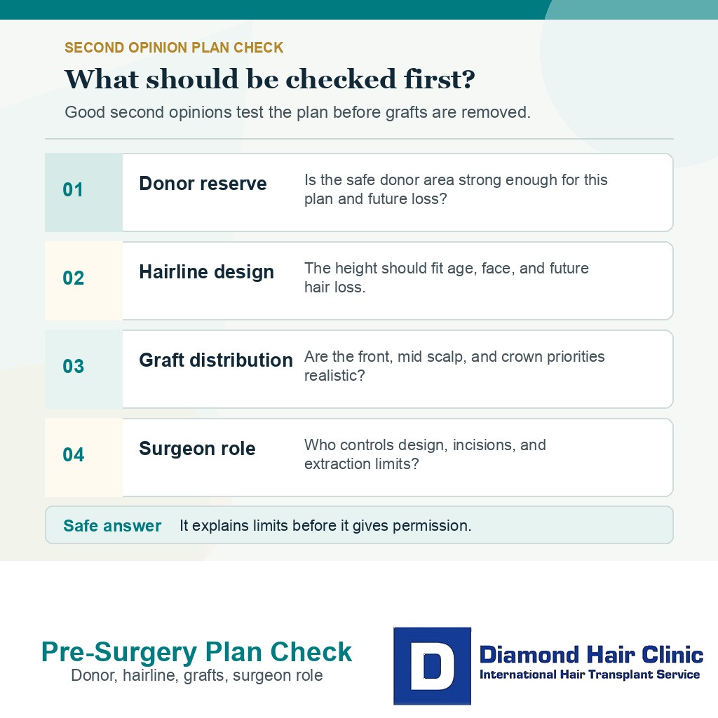 Support card showing what a hair transplant second opinion should check before surgery.