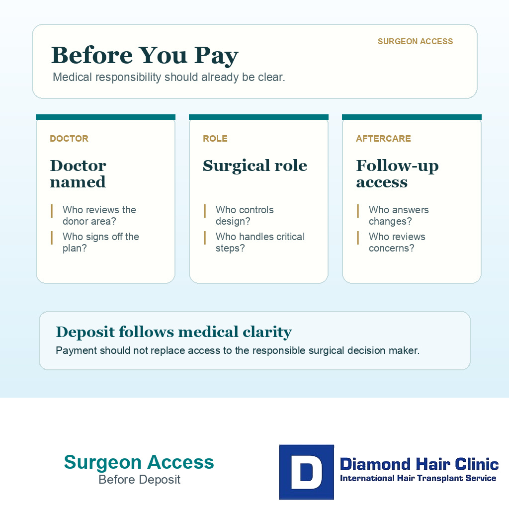 Support card showing surgeon access questions to ask before paying a hair transplant deposit.