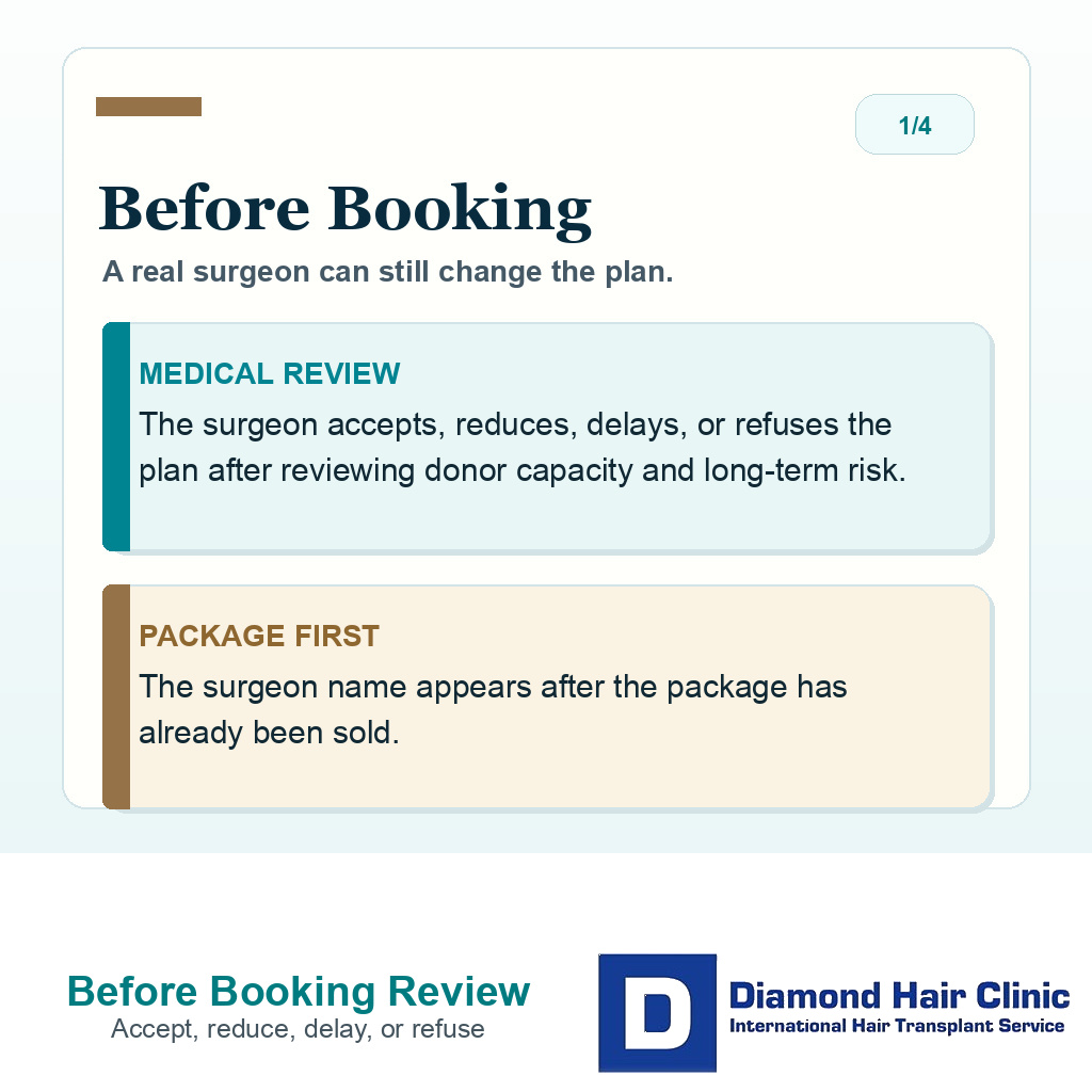 Before booking proof slide explaining that surgeon review can accept, reduce, delay, or refuse a hair transplant plan