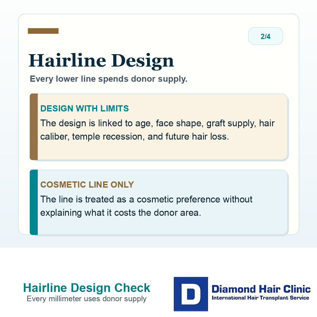 Hairline design proof slide explaining that every lower hairline uses donor supply and needs surgeon judgment