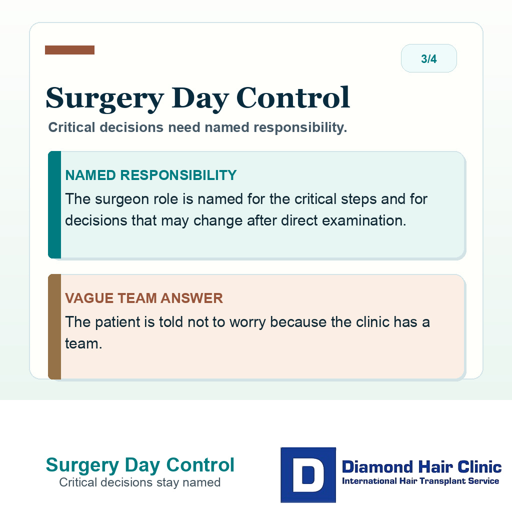 Surgery day proof slide explaining that critical hair transplant decisions need named surgeon responsibility