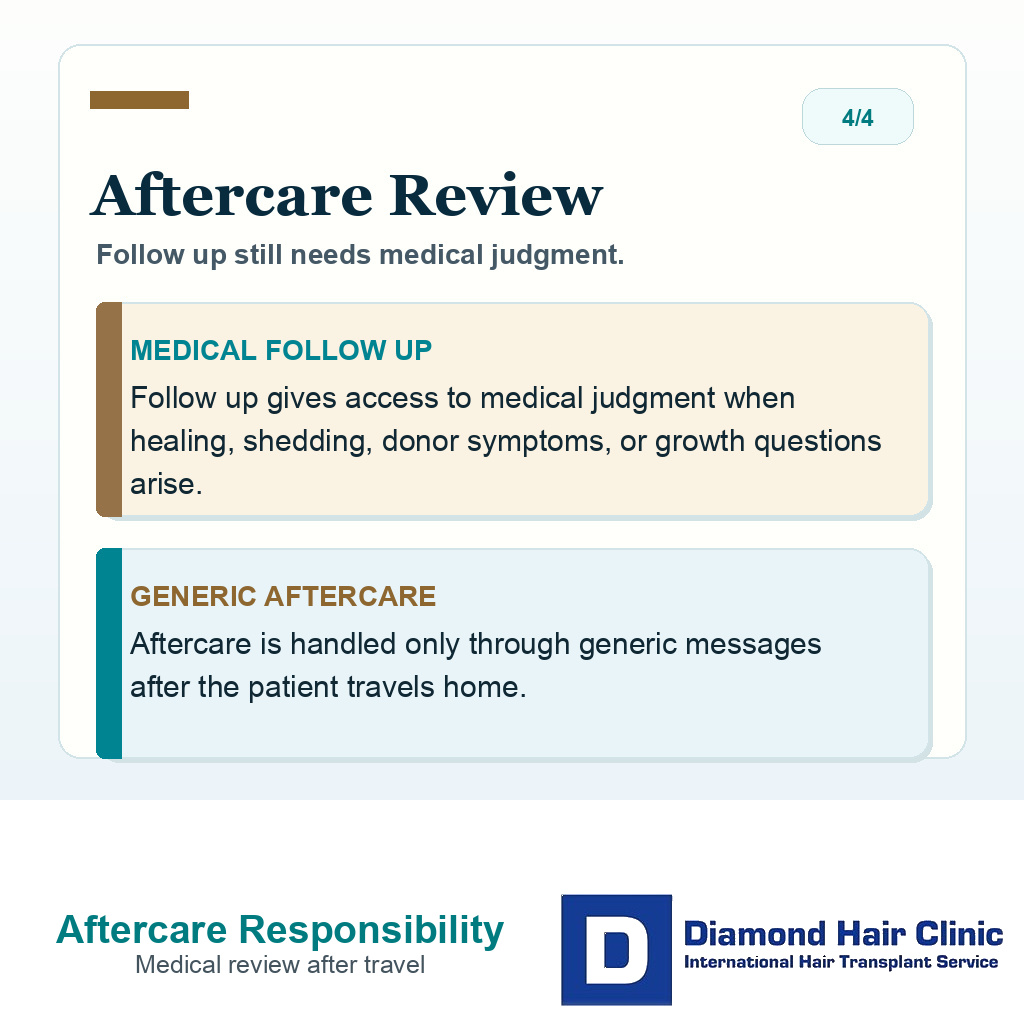 Aftercare proof slide explaining that hair transplant follow up still needs medical judgment after travel