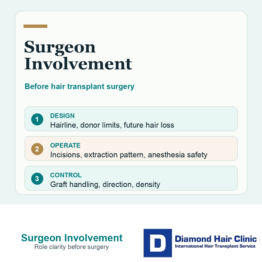 Support card showing design operation and control responsibilities before hair transplant surgery