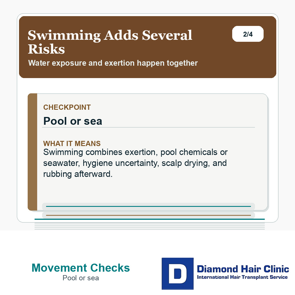 Swimming after hair transplant slide explaining water exposure and exertion risks