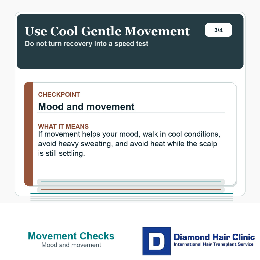 Swimming after hair transplant slide explaining cool gentle walking instead of rushing