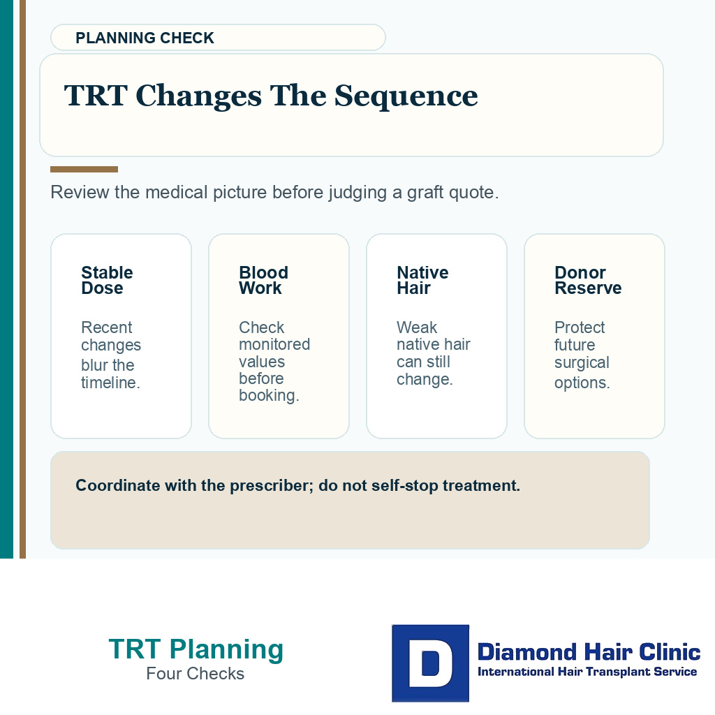Information card showing why testosterone therapy changes hair transplant planning through stability labs donor reserve and DHT sensitivity