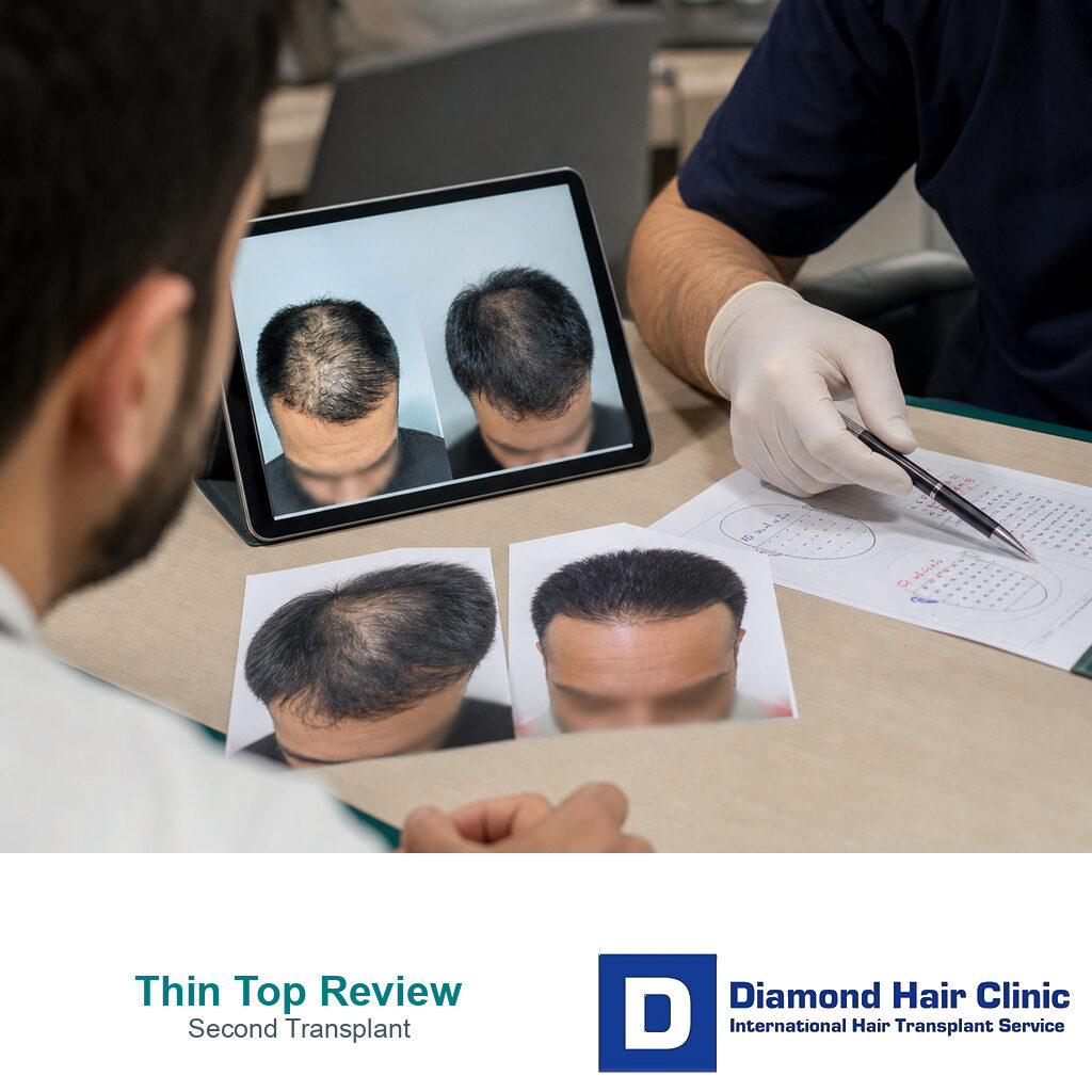 Consultation review of a thin top after hairline surgery before a second transplant plan