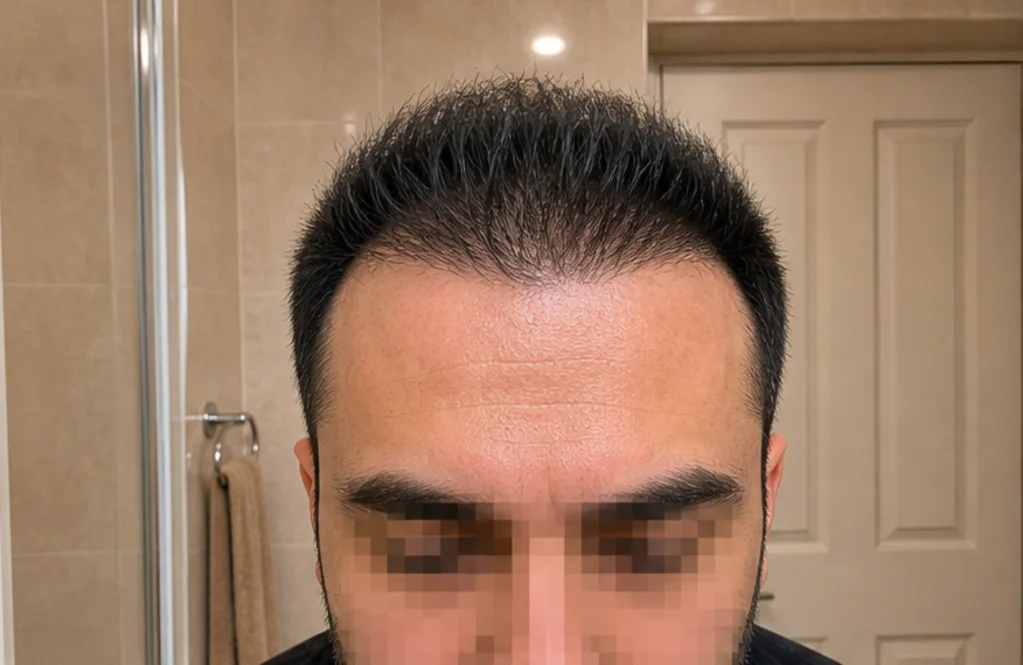 Anonymized frontal view with stronger hairline but limited information about top density